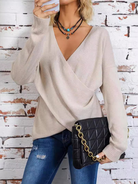 Surplice Dropped Shoulder Long Sleeve Sweater