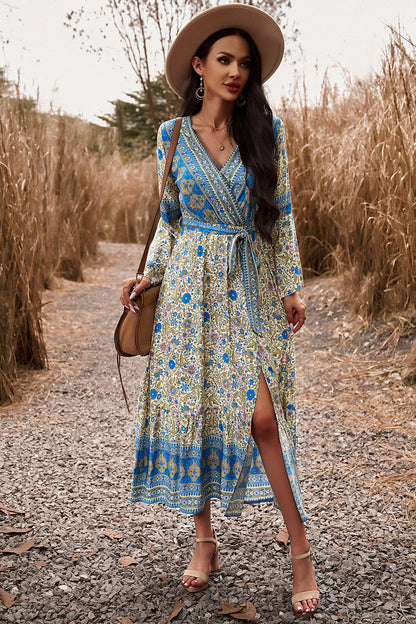 Bohemian Surplice Neck Slit Dress