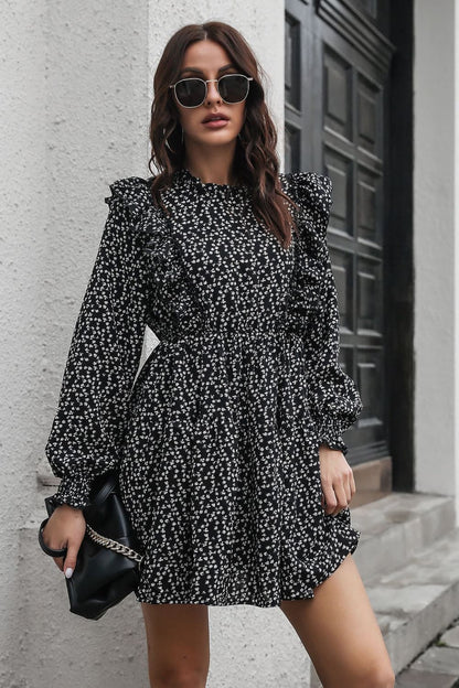 Printed Ruffle Trim Smocked Long Sleeve Mini Dress